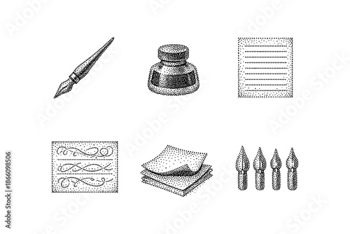Vintage dotwork art tools collection with ink and nib illustrations