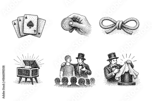 Vintage magic trick set: playing cards, coin, rope, illusionists, magic box