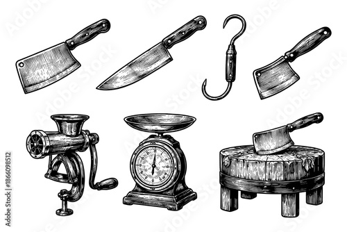 Vintage butcher tools set: cleavers, knives, scale, and grinder in detailed engraving style