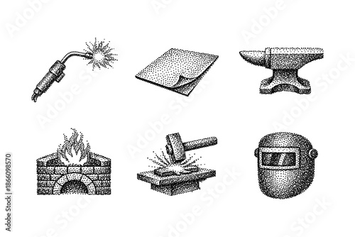 Vintage blacksmithing tools and equipment set in dotwork style