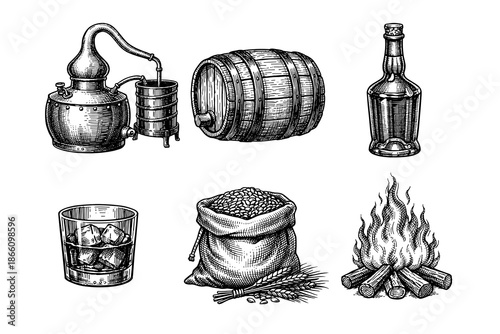 Vintage engraved whiskey elements with distillery and barrel