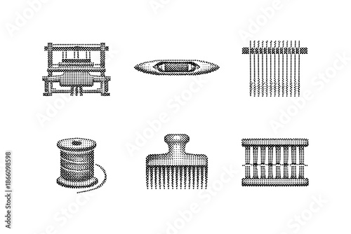 Vintage textile tools set with halftone effect featuring loom and weaving instruments