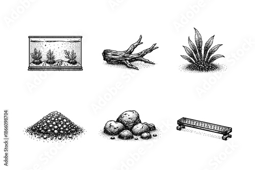 Aquarium elements: hand drawn set with fish tank, driftwood, plants, gravel, rocks and filter