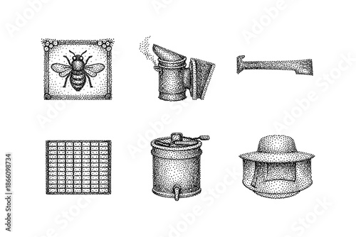 Vintage beekeeping tools collection in stipple design with detailed illustrations