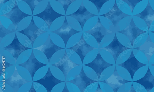 青の爽やかな水彩七宝模様背景　ベクター