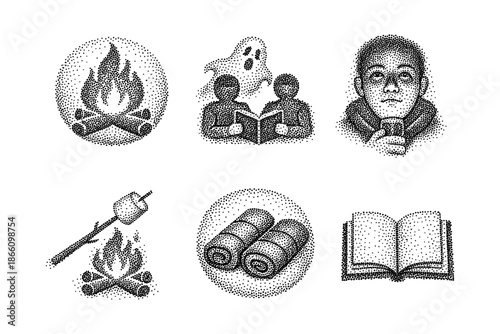 Halloween campfire icons: spooky night stories, ghosts, and marshmallows in halftone style