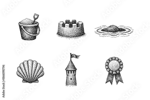 Vintage stipple beach icons: sandcastle, seashell, bucket, tower, medal