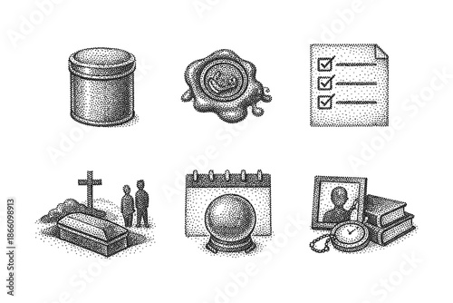 Detailed set of vintage stipple icons with funeral and nostalgic themes