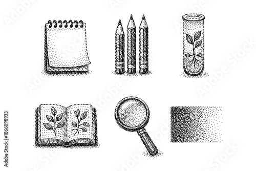 Botanical science elements in dotwork style: magnifying glass, notebook, pencils, test tube and book