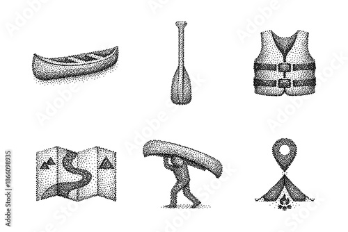 Canoeing adventure dotted icons set featuring canoe, paddle, and safety gear