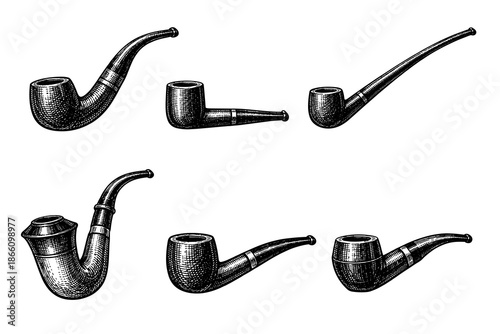 Collection of vintage pipe designs in engraved style
