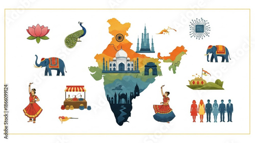 Vibrant india cultural symbols and landmarks map with elephants peacocks lotus flowers dancers and people in traditional clothing illustrating diversity and heritage