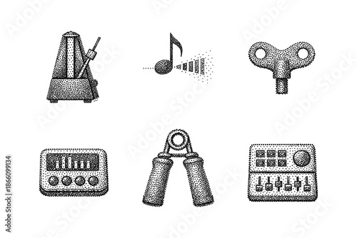 Retro dot style icons of music themes and miscellaneous objects