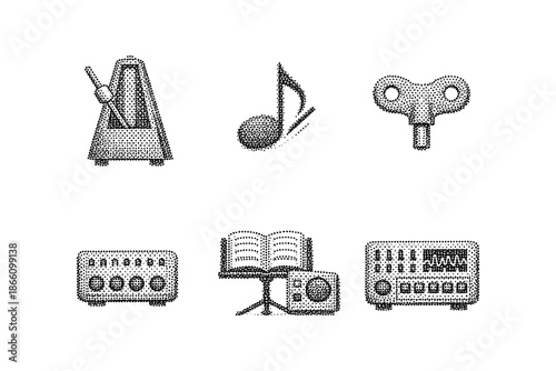 Retro music icons set with halftone style featuring metronome and musical elements