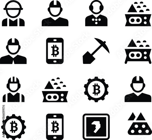 Cryptocurrency mining icon set featuring bitcoin, miners, tools, mobile wallet, and digital blockchain symbols, black solid vector illustrations