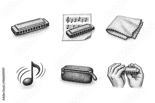 Vintage dot style harmonica and music elements collection