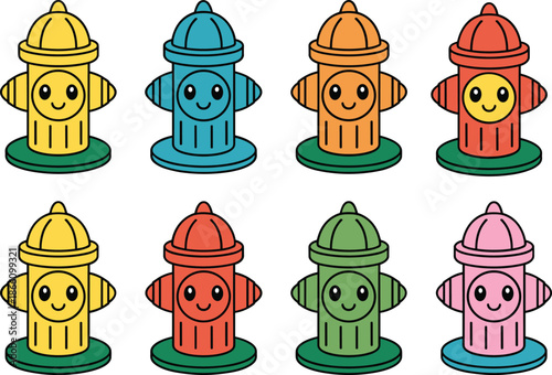 Cute colorful fire hydrant cartoon icon set with smiling faces for kids, urban safety, playful design illustration collection