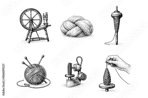 Vintage textile tools with dotwork style depicting spinning wheel and yarn