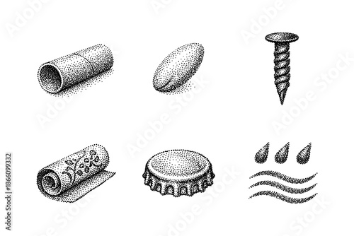Stipple art elements: screw, capsule, roller, doughnut, bottle cap, water drops