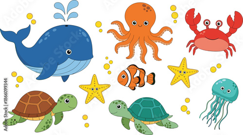 Cute sea animals cartoon illustration set, whale octopus turtle fish crab jellyfish starfish icons collection