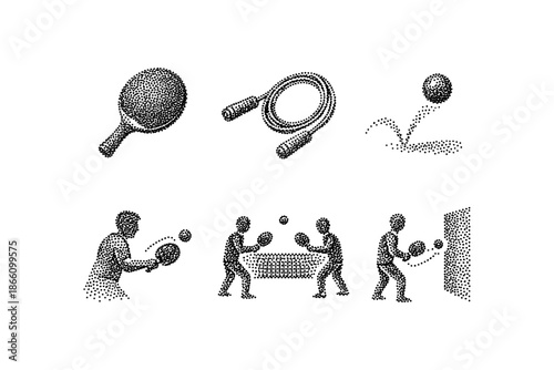 Halftone ping pong elements and players in action