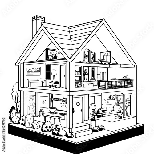 A stylized black-and-white illustration of a home cutaway with a graphic design aesthetic, featuring bold lines, geometric shapes, and meticulous attention to detail, showcasing the interior and exter