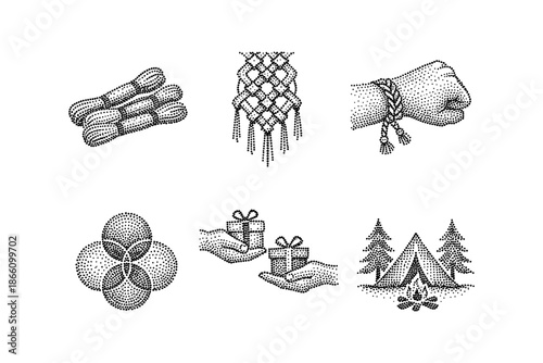 Retro dot art: camping, gift exchange, handcrafted bracelets, macrame, and minimalist designs