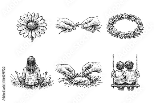 Pointillism art: floral crafting, meditative scenes, and childhood memories in ink