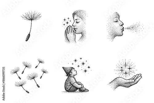 Pointillism art featuring dandelions and whimsical faces with stars