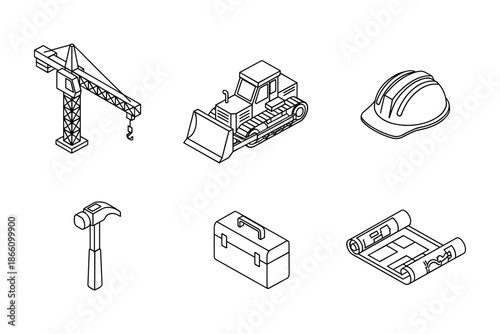 Construction tools and machinery in minimalist linear design on white background
