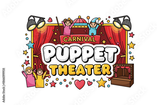 Colorful carnival puppet theater with playful characters and stage elements