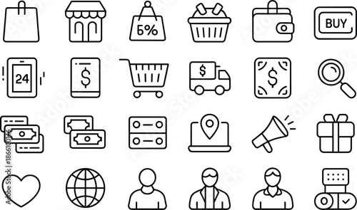 Ecommerce shopping and retail line icons set featuring cart payment delivery discount and customer symbols for online store interfaces