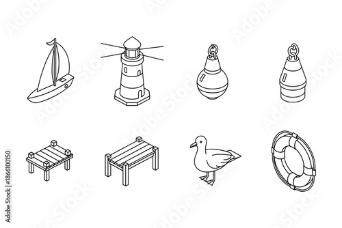 Nautical icons collection: sailboat, lighthouse, buoy, pier, seagull, lifebuoy