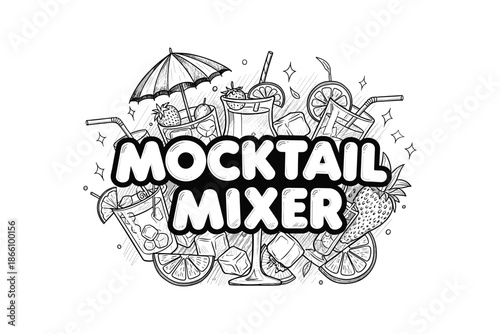 Mocktail mixer: fun hand-drawn beverage collection with fruits and umbrellas