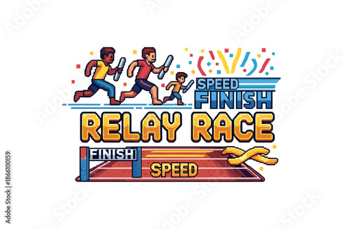 Relay race competition with runners in motion and vibrant finish line design