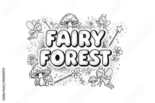 Enchanting fairy forest coloring page with magical creatures and mushrooms