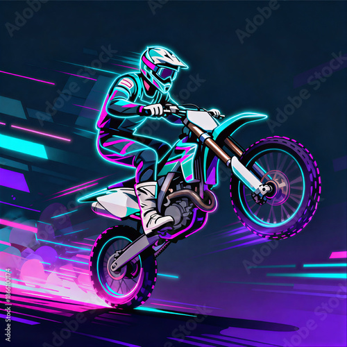 Extreme Sport Motocross – Neon Futuristic Action Sports Vector Illustration