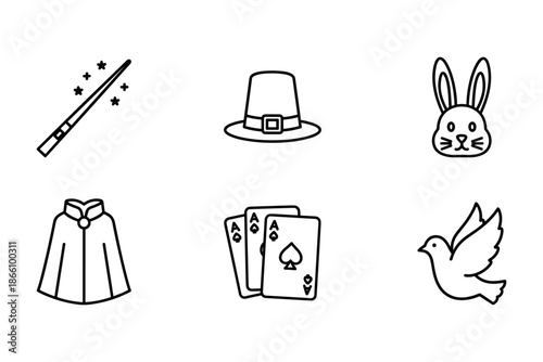 Minimalist magic show icons: wand, hat, rabbit, cloak, cards, dove
