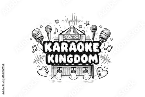 Hand drawn karaoke kingdom carnival theme with music and microphones