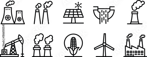 Energy production icons set featuring nuclear solar wind hydro oil and industrial power generation line symbols for infrastructure design