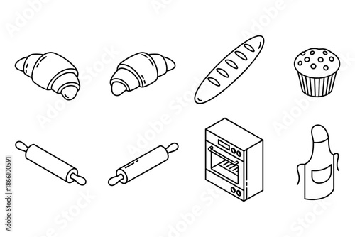 Black and white bakery icons: bread, croissants, oven, and apron design