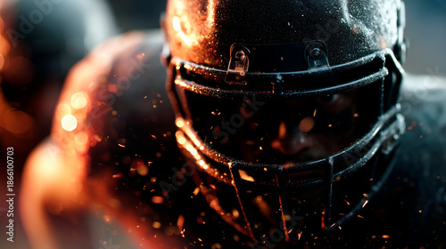 Football player is wearing a black helmet and a black face mask