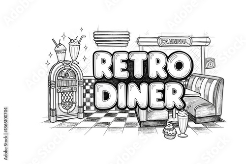 Retro diner sketch artwork featuring jukebox and booth in vintage style