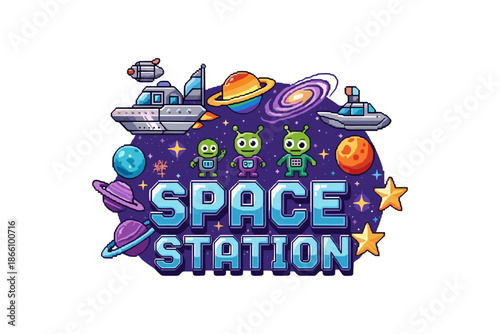 Futuristic space station adventure with aliens and planets in pixel art style