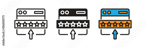 Website Rating Icon. Digital browser interface with an upload arrow and star scale, representing online feedback, software evaluation, and web service performance ratings.
