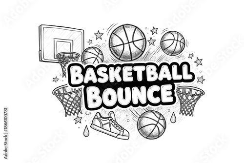 Basketball bounce: dynamic sketch with hoops, balls, and sneakers