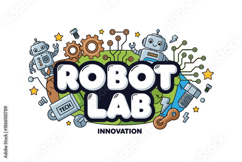 Creative robot lab design with fun cartoon style and tech elements for innovation projects