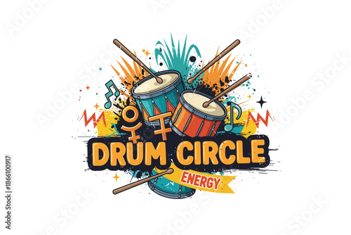 Energetic drum circle splash with vibrant colors and dynamic elements