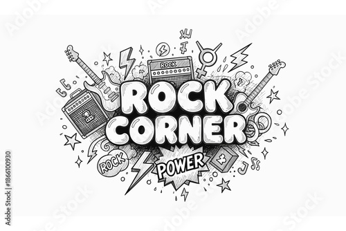 Dynamic music doodle featuring guitars and amplifiers in monochrome style