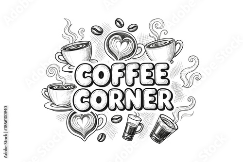 Hand drawn coffee cups and beans with latte art and steam elements